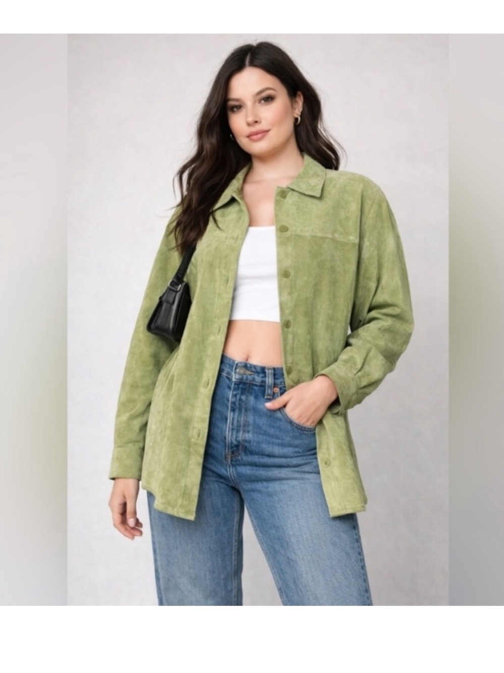 Vtg Y2K Pale Green Suede Button Up Collared Blazer Jacket
